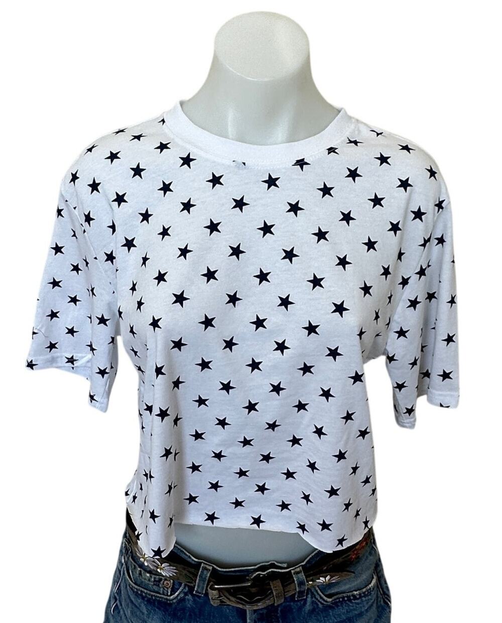 White Blue Star Cropped Tee SMALL Unique T-Shirt July 4th CheekyMontana Upcycled